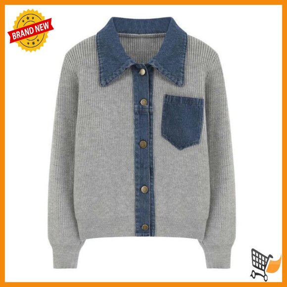 Long Sleeve Knitted Denim Patchwork Cardigan Sweater Jacket Women's